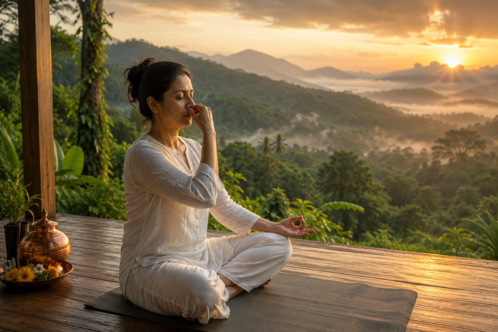 natural energy recovery in Kerala — woman doing morning yoga and breathwork in nature