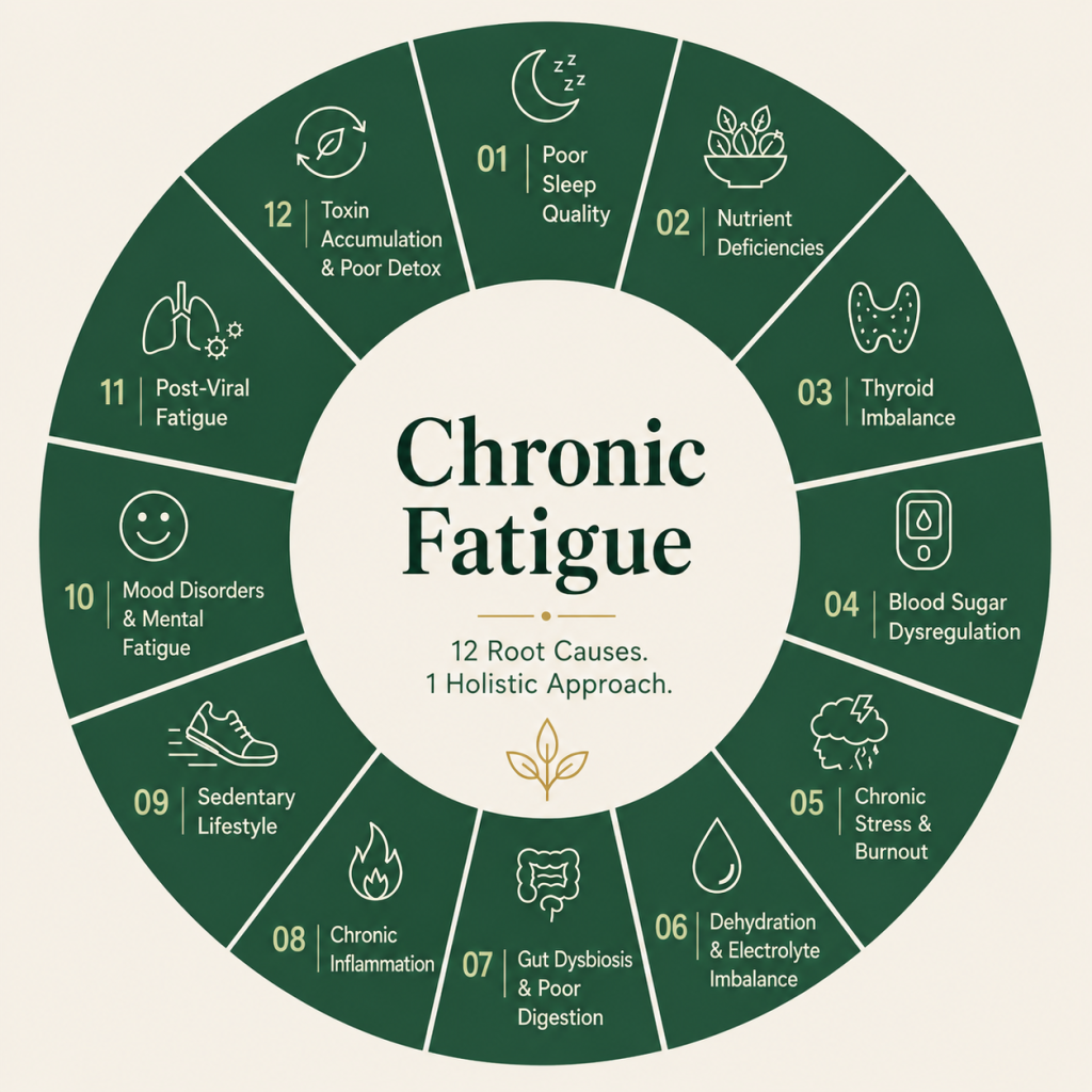Circular infographic showing 12 root causes of chronic fatigue with icons and a central holistic health concept.