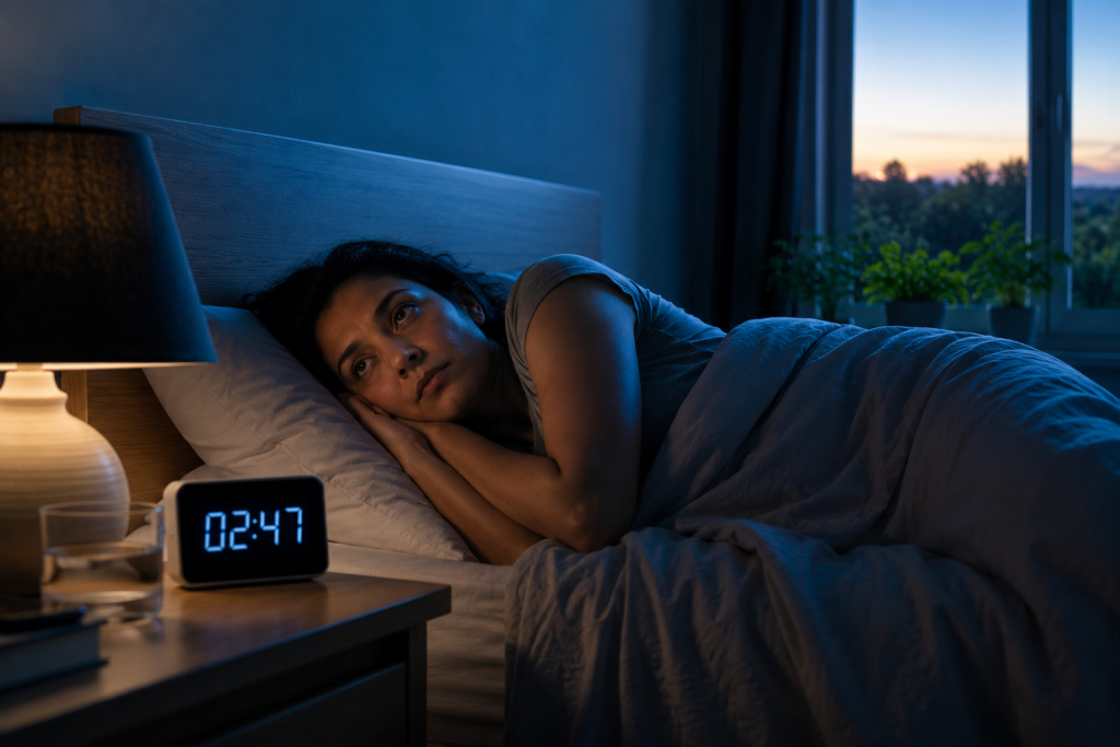 Causes of Chronic Fatigue: Person lying awake in bed at night, unable to sleep, with early morning light entering the room.