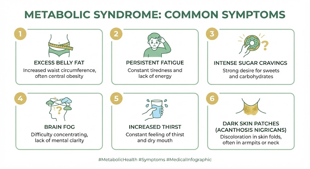 Common symptoms of metabolic syndrome including belly fat fatigue and high blood sugar infographic