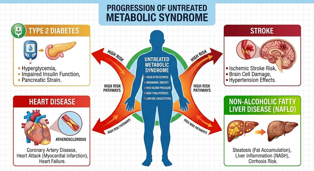 Health risks of untreated metabolic syndrome diabetes heart disease stroke fatty liver diagram