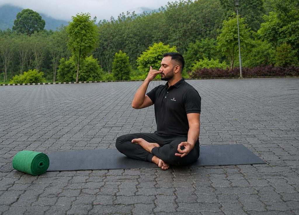 Guest practicing mindfulness and yoga in the natural surroundings of Tigris Valley