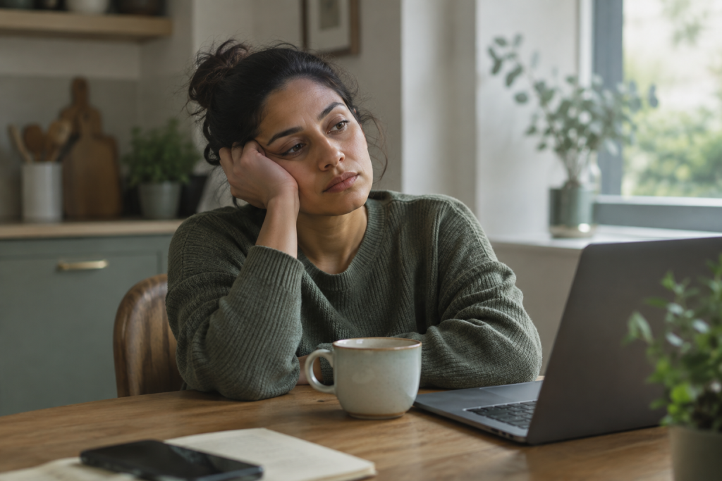 Person experiencing long COVID fatigue and brain fog symptoms at home