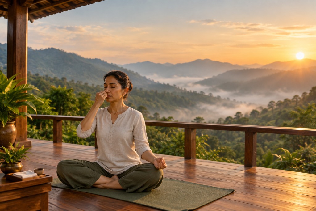Guest practicing yoga and breathing therapy overlooking Wayanad mountains during post-viral recovery