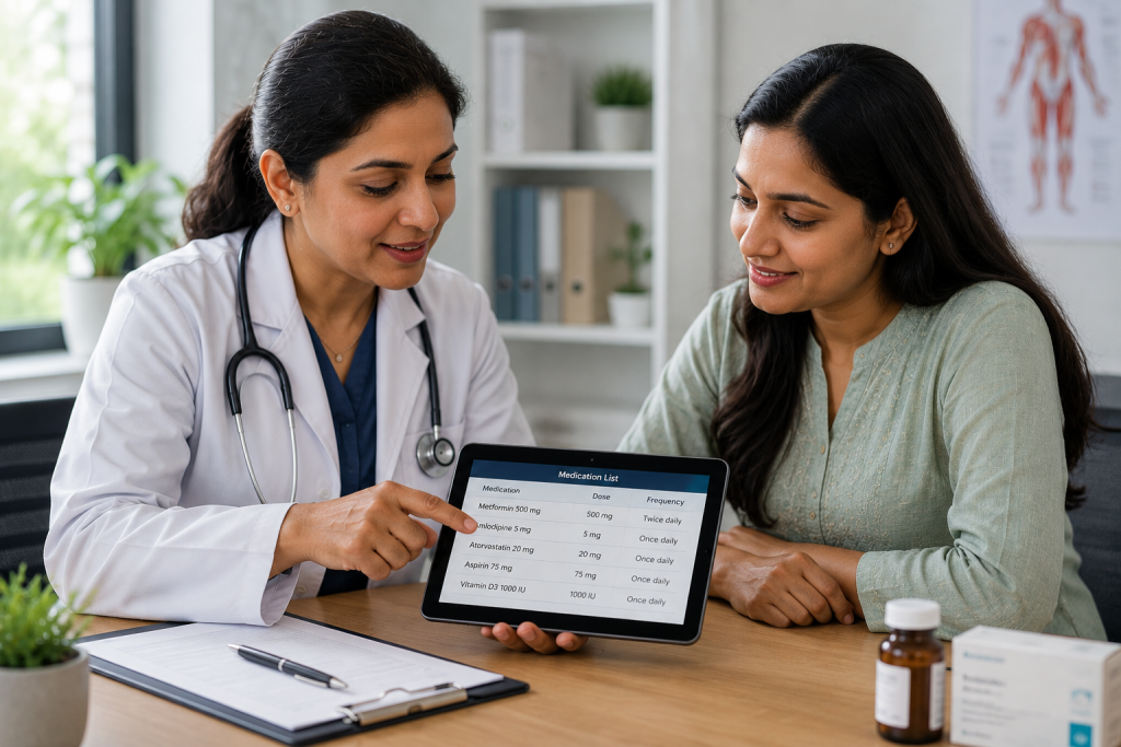 Physician reviewing existing hormonal medication alongside ayurvedic treatment plan