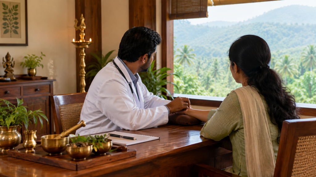 Ayurvedic physician checking a patient's wrist pulse in a traditional Kerala consultation room overlooking lush green hills.