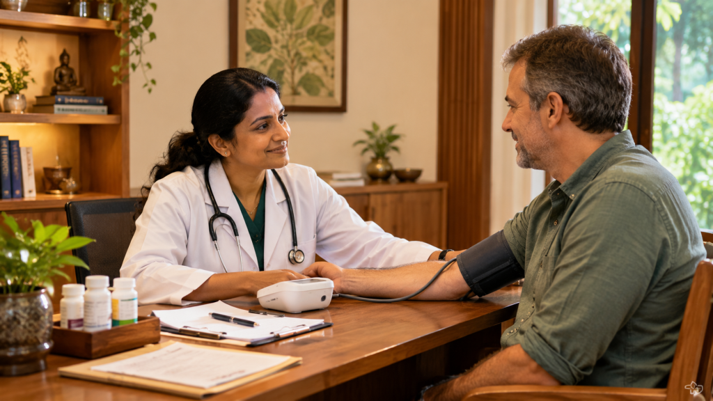 Doctor checking blood pressure at a medically supervised wellness retreat for high blood pressure