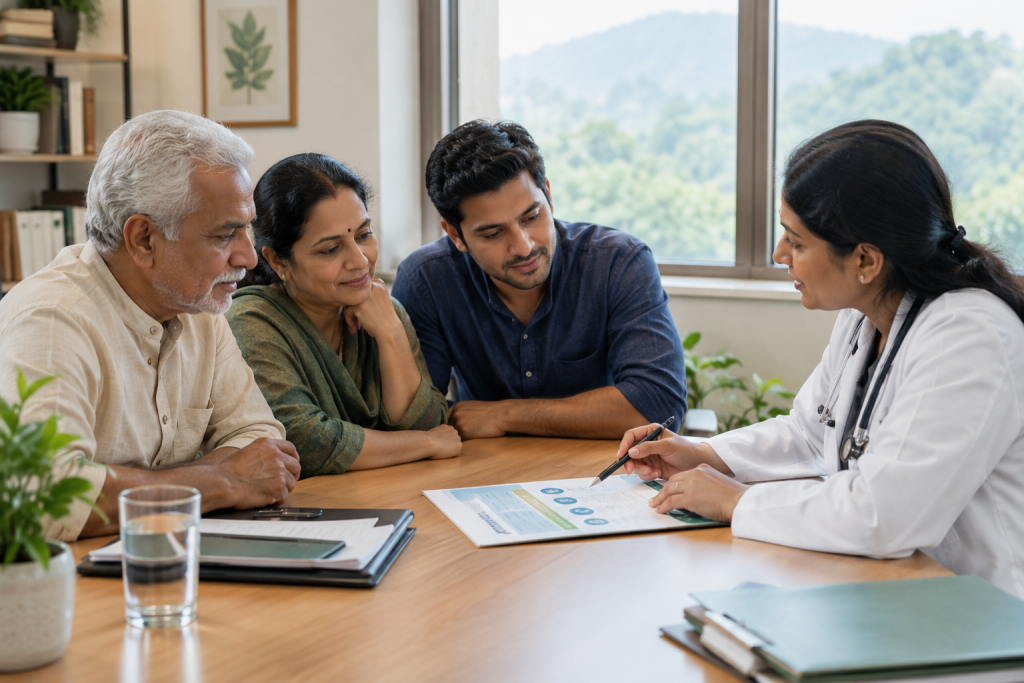 Family meeting a physician to plan post-stroke rehabilitation in Kerala