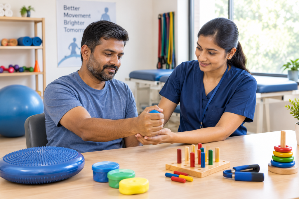 Hand and arm movement therapy during post-stroke rehabilitation at a Kerala recovery centre