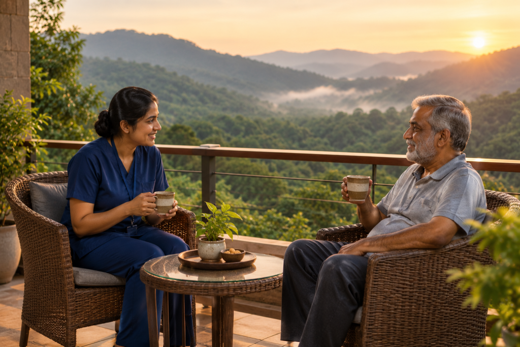 Caregiver support at a stroke recovery centre in Kerala with mountain-valley views