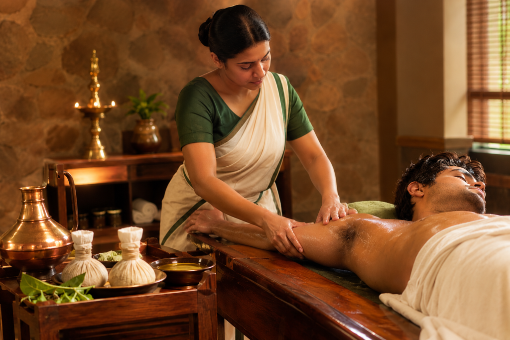 Abhyanga oil massage as part of ayurvedic treatment for stroke in Kerala