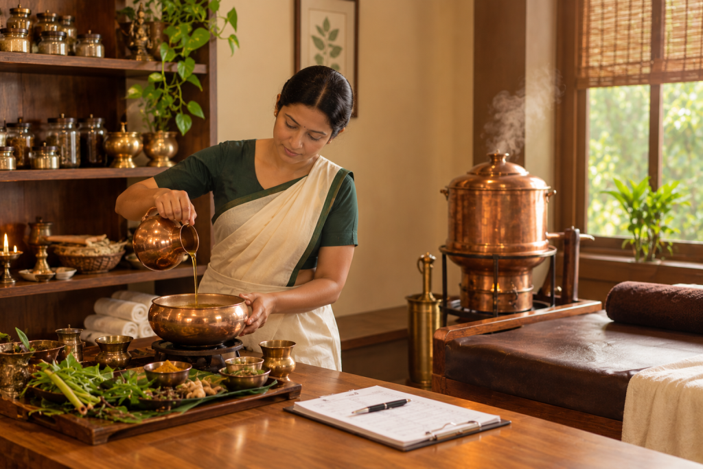 Panchakarma treatment room where a physician adjusts therapy for diabetic guests