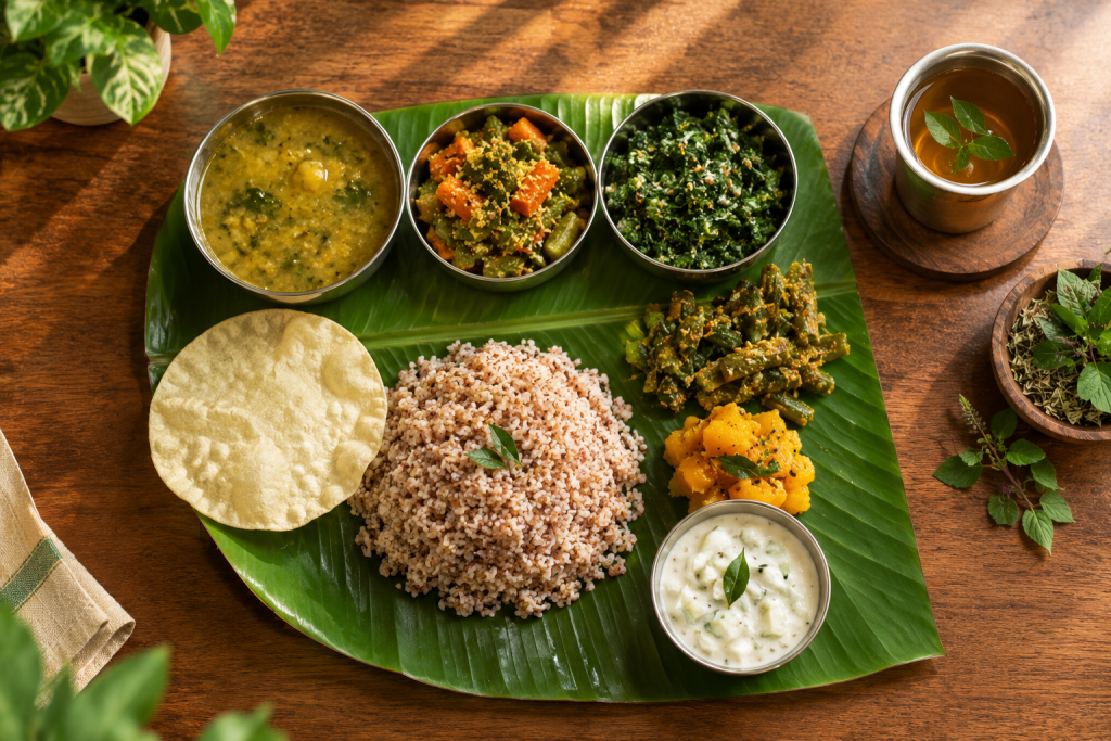 Low-glycaemic therapeutic meal served during an Ayurvedic stay for diabetes care