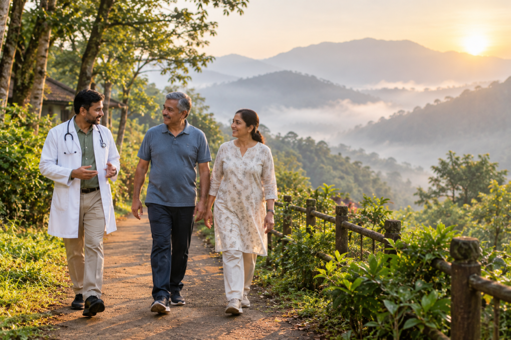 Guests walking in a Kerala forest during a physician-supervised diabetes care stay