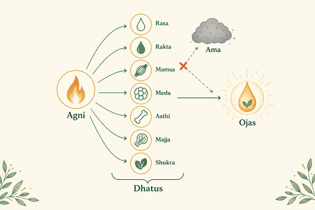 Ayurvedic infographic illustrating Agni, the seven Dhatus, Ama and Ojas using green and gold botanical illustrations.