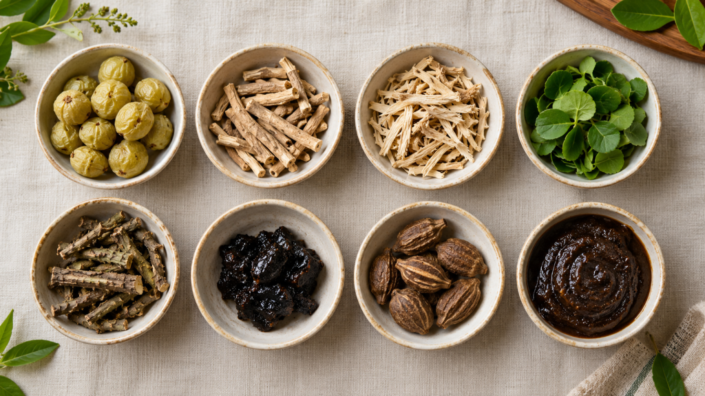 Eight ceramic bowls containing Ayurvedic herbs, dried roots, leaves, shilajit resin and herbal paste arranged on beige linen.
