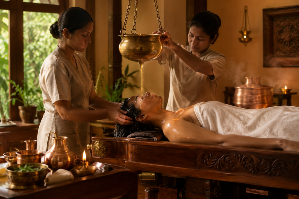  Ayurvedic Shirodhara treatment with warm herbal oil poured onto a patient's forehead by therapists in a traditional spa setting.
